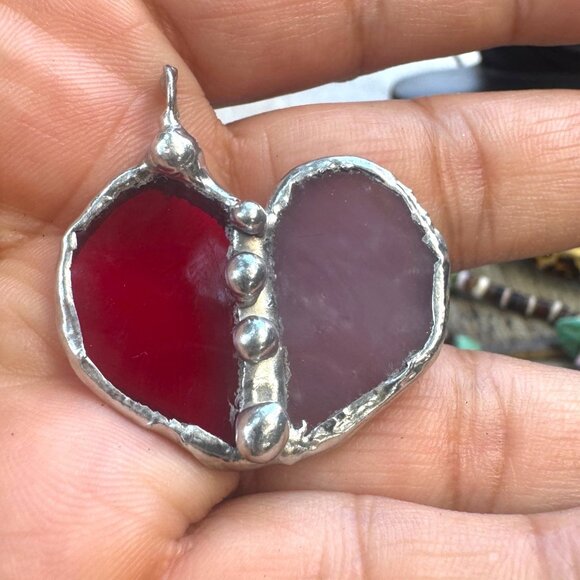 Handcrafted Stained Glass Heart Pendant Caged in Silver-Blend Boho Bezel 1.5” - Picture 8 of 8
